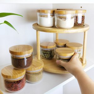 Bamboo double-layer shelf round cosmetic organizer rack kitchen countertop spice rack solid wood spice storage rack