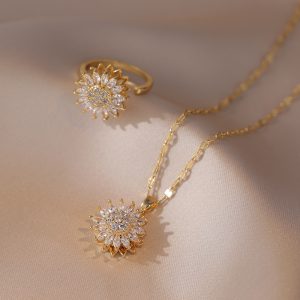 Cross-border zircon necklace women's sunflower new sunflower ins ring rotatable clavicle chain three-piece set