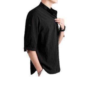 Summer linen shirt men's solid color shirt loose men's Chinese style cotton linen men's casual jacket seven points cross-border