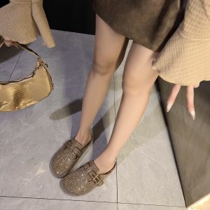 2025 spring new Baotou lazy semi-drag belt buckle leather rhinestone heelless slippers women's versatile