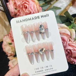 Pure handmade wearable nails 4.0 thin dog ice transparent peach gradient metering cat's eye pearl crushed diamond bo ice white peach nails