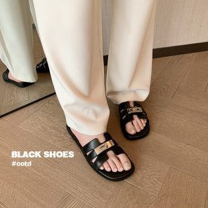 Simple and versatile wear sheepskin slippers on the outside, 2025 summer on the inside and outside, full leather silver buckle half-slippers, flat open-toe slippers for women