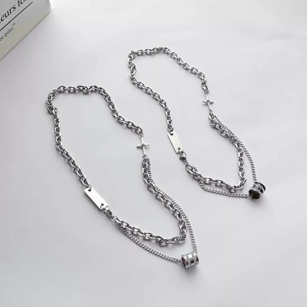 The new double-layered diamond-encrusted beaded titanium steel necklace men's hip-hop trendy high-end collarbone chain is a versatile decoration - Image 3