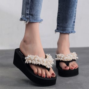 Cross-border summer beach vacations, handmade slippers, beaded high-heeled flip-flops, women's plus-size flip-flops