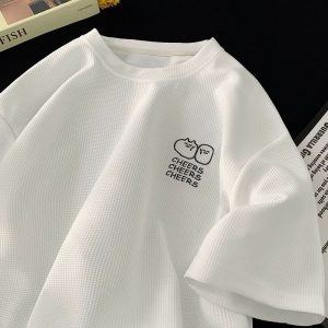 Waffle Ice Silk Short Sleeve T-shirt Men's Summer New Trendy Brand Clothes Printed Loose Half-sleeved American Heavy T-shirt