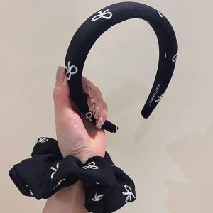 Korean version embroidered bow sponge headband woman 2024 new high skull crown temperament retro large intestine hair ring rubber band woman