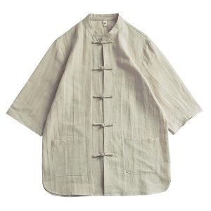 2023 summer new Chinese style cotton and linen men's casual three-quarter sleeve shirt retro fashion linen buckle Tang suit
