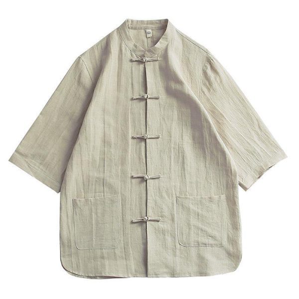 2023 summer new Chinese style cotton and linen men's casual three-quarter sleeve shirt retro fashion linen buckle Tang suit - Image 5