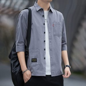 Summer 2025 Trendy Versatile Cropped Sleeve Shirt Men's Cargo Shirt Loose Fit Short Sleeve Jacket
