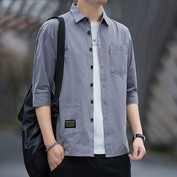 Summer 2025 Trendy Versatile Cropped Sleeve Shirt Men's Cargo Shirt Loose Fit Short Sleeve Jacket - Image 3