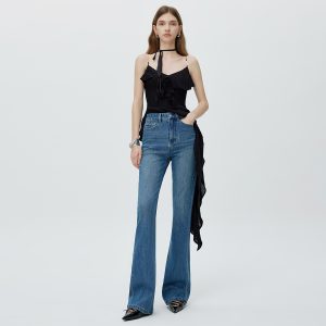 High-end 2025 new four-way stretch bootcut stretch jeans women's dark blue slim and versatile trousers tide