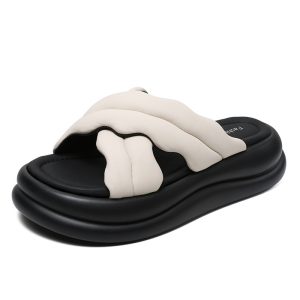 2025 summer new sheepskin bun-stepping cross slippers for women wearing muffins and platform beach slippers