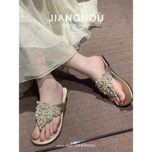Sheepskin version ~ bohemian sandals, women's pearls, rhinestones, temperament, celebrities, noblewomen, slippers, women's wear high-end shoes