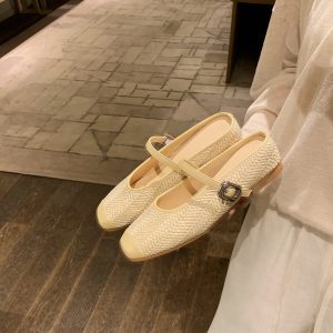 The leather version of the grape mother is the same style with a height increase of 5cm ~ vacation style straw weaving square head cool slippers for female lazy people versatile commuting semi-drags