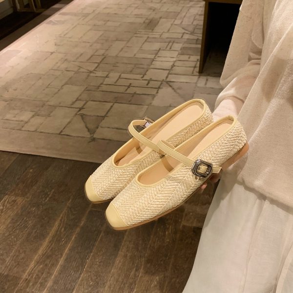 The leather version of the grape mother is the same style with a height increase of 5cm ~ vacation style straw weaving square head cool slippers for female lazy people versatile commuting semi-drags - Image 2