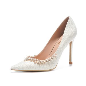2025 New French High Heels Thin Heel Pointed Rhinestone Trimming Versatile Korean White Crystal Shoes