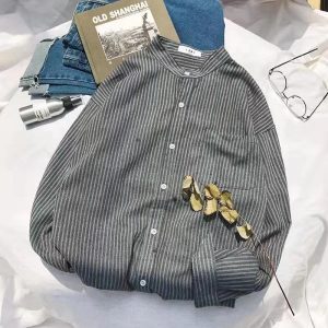 2022 Spring and Autumn New Stand Up Collar Striped Long Sleeve Shirt Men's Trendy Thin Shirt Student Casual Top Men's