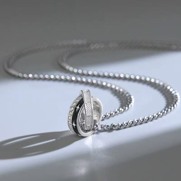 Stainless steel diamond zircon double ring necklace men's niche design high-end pendant boys and women Korean version of the new hot style - Image 3