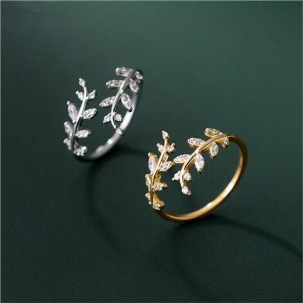S925 Sterling Silver Ring Wholesale Fashion Personality Small Fresh Diamond Leaf Branch Open Ring Female