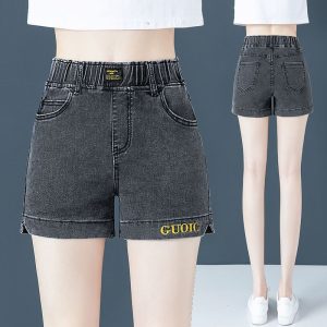 High-waisted denim shorts women's 2025 summer new Korean version of plus-size slimming elastic wide-leg pants with embroidered hot pants