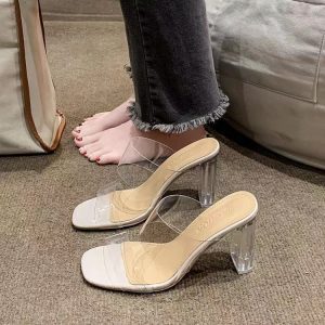 2023 summer new transparent high-heeled sandals women's mid-heel thick-heeled crystal fairy wind sandals and slippers women's outerwear