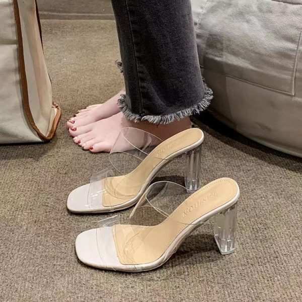 2023 summer new transparent high-heeled sandals women's mid-heel thick-heeled crystal fairy wind sandals and slippers women's outerwear
