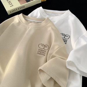 Waffle Ice Silk Short Sleeve T-shirt Men's Summer New Trendy Brand Clothes Printed Loose Half-sleeved American Heavy T-shirt