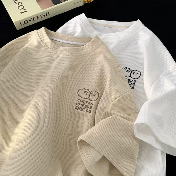 Waffle Ice Silk Short Sleeve T-shirt Men's Summer New Trendy Brand Clothes Printed Loose Half-sleeved American Heavy T-shirt