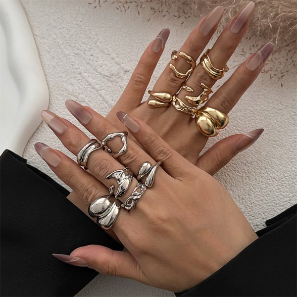 Exaggerated glossy irregular lava line combination ring starfish scallop flower all-over fashion open ring for women