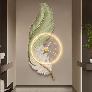 Modern light luxury acrylic feather porch decorative painting entrance hallway background wall LED wall lamp hanging picture with clock