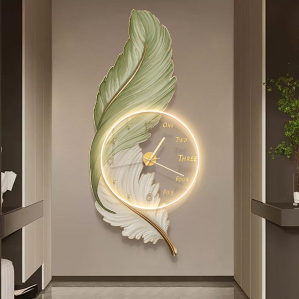 Modern light luxury acrylic feather porch decorative painting entrance hallway background wall LED wall lamp hanging picture with clock - Image 2