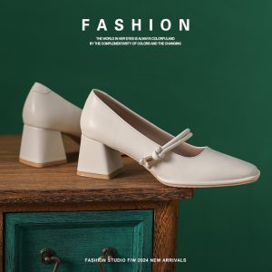 Wear work, spring and autumn, daily square toe, simple leather shoes, Korean women's shoes, Mary Jane shoes, women's skirts, office thick heels