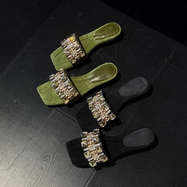 Sheepskin version ~ French temperament rhinestone high-end sense of one-line sandals for women to wear in summer with versatile block heel sandals
