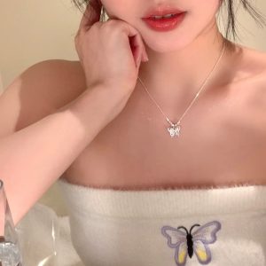 Fangxing cat's eye butterfly necklace women's s925 sterling silver small fresh forest sweet niche design light luxury collarbone chain