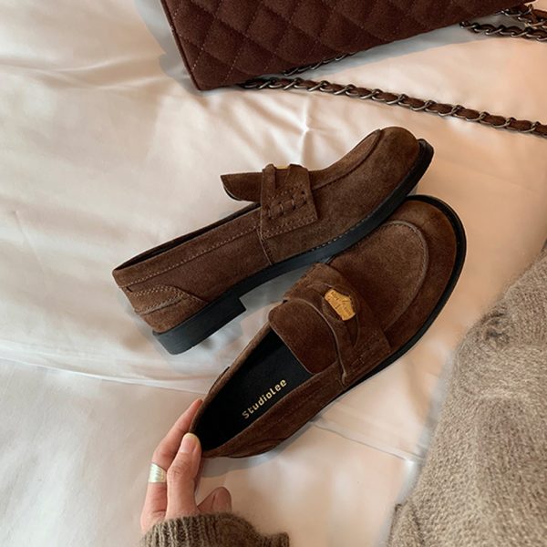 Horse leather version ~ leather gold coin loafers women's British style versatile retro foot small low heel JK small leather shoes single shoes - Image 2
