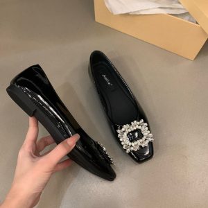 Flat Silver Premium Square Toe Rhinestone Single Shoes Women's Shoes 2024 New Summer Black Commuter Beanie Shoes