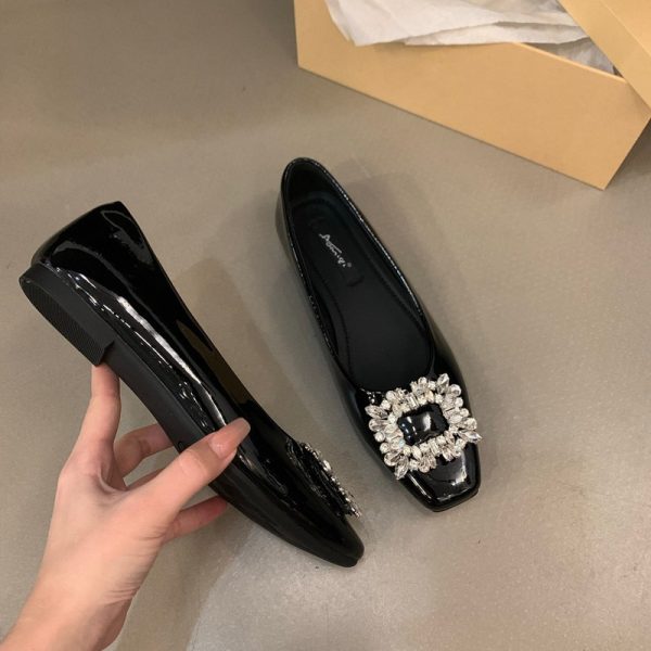 Flat Silver Premium Square Toe Rhinestone Single Shoes Women's Shoes 2024 New Summer Black Commuter Beanie Shoes - Image 3