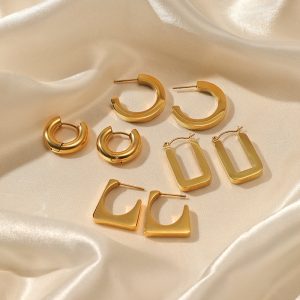 French Light Luxury Geometric Shape Stainless Steel Earrings Women's Personality Simple Sense of Luxury 14K Gold Plated Titanium Steel Earrings