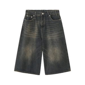 Summer American retro loose small man old-fashioned denim women's high street design sense wide leg 7 points pants summer cross