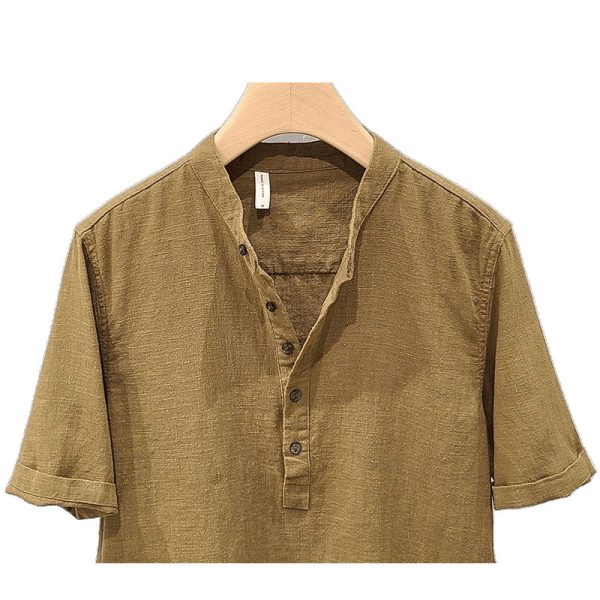 Solid color linen stand up collar short sleeve shirt men's workwear summer new simple cotton linen fashion youth casual shirt - Image 5