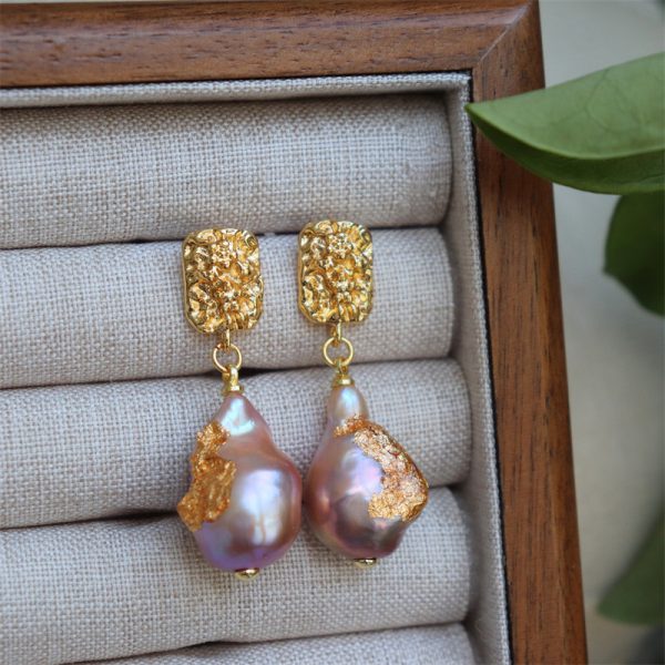 Design new French vintage earrings natural aurora purple large baroque freshwater pearls - Image 2