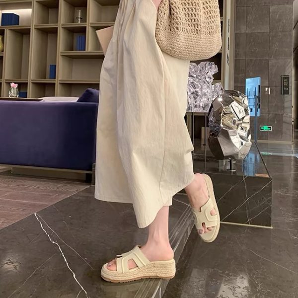 Cowhide version ~ increase height by 6cm Ruth same summer new retro one-line heightened thick sole wedge H sandals for women - Image 4
