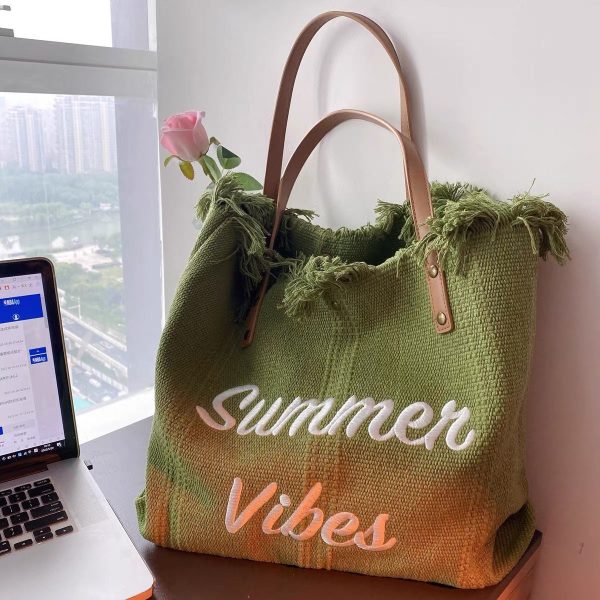 Large Capacity Bags, Canvas Bags, Embroidered Letters, Tote Bags, Women's Bags, Woven Beach Bags, Shoulder Bags - Image 2
