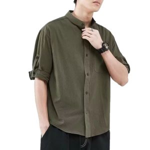 Linen shirt men's short sleeve shirt loose large size Japanese style collarless summer cotton linen thin jacket with cropped mid sleeves