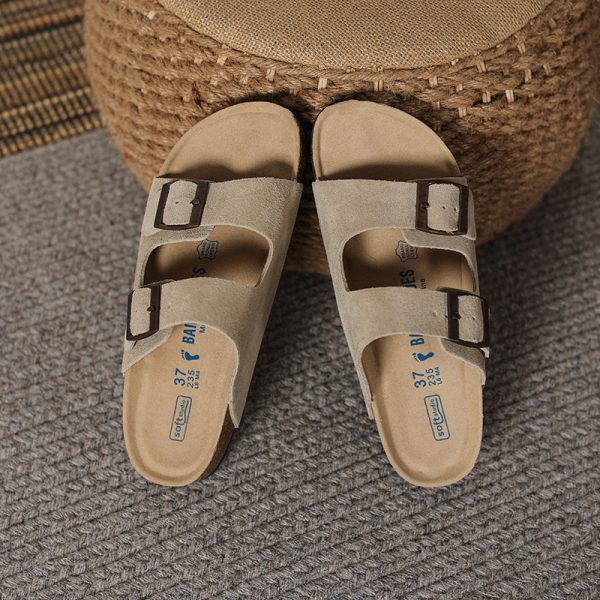 Cowhide version of Su Yinyin, the same cow reverse velvet retro buckle beach casual couple thick-soled plus-size Boken slippers women - Image 4
