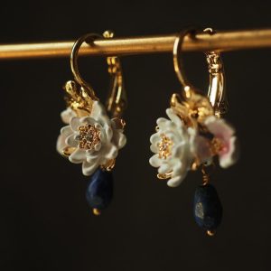 France forest lotus pond water lily dragonfly vintage necklace personality lapis lazuli earrings tassel retro new Chinese style