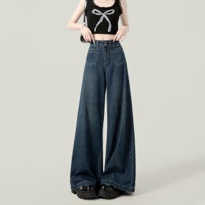 Dark blue wide-leg jeans women's pre-autumn thin 2024 new loose drape floor-length straight-leg pants spring and autumn