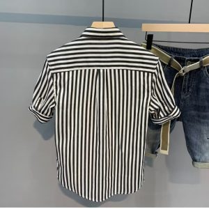 Summer new five-point short-sleeved shirt, men's trendy casual mid-sleeve striped youth shirt, fashionable thin base shirt