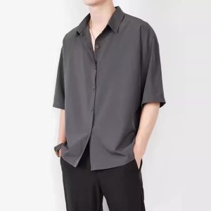 Summer trend brand thin loose casual ice silk shirt men's shirt short sleeve black Hong Kong style drape no-iron shirt