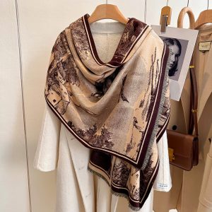 Autumn and winter new European retro oil painting landscape painting elegant fashion high-end women's imitation cashmere warm scarf